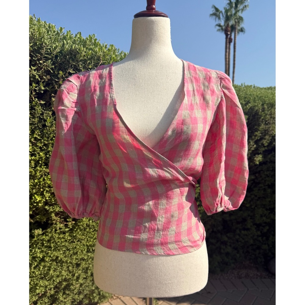 VICI Collection Pink Gingham 100% Linen Puff Sleeve Wrap Crop Top - Small